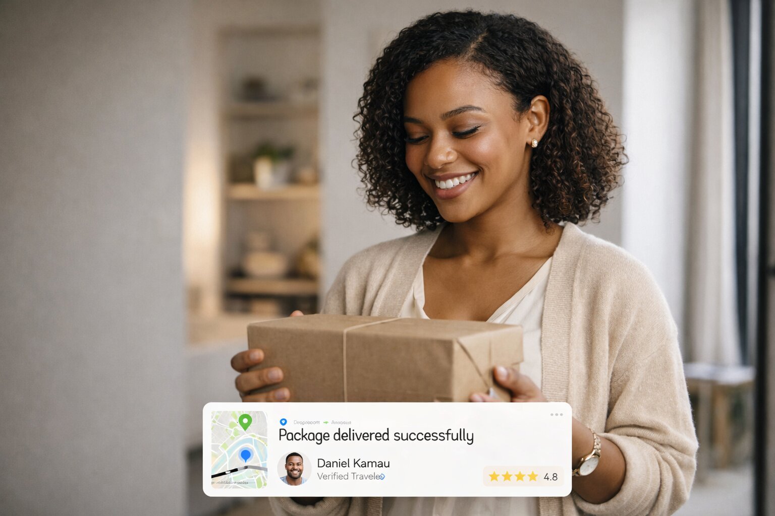 Smiling woman receiving a parcel delivery